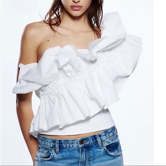 Zara Tops - Zara one shoulder ruffle Poplin‎ top size small NWT